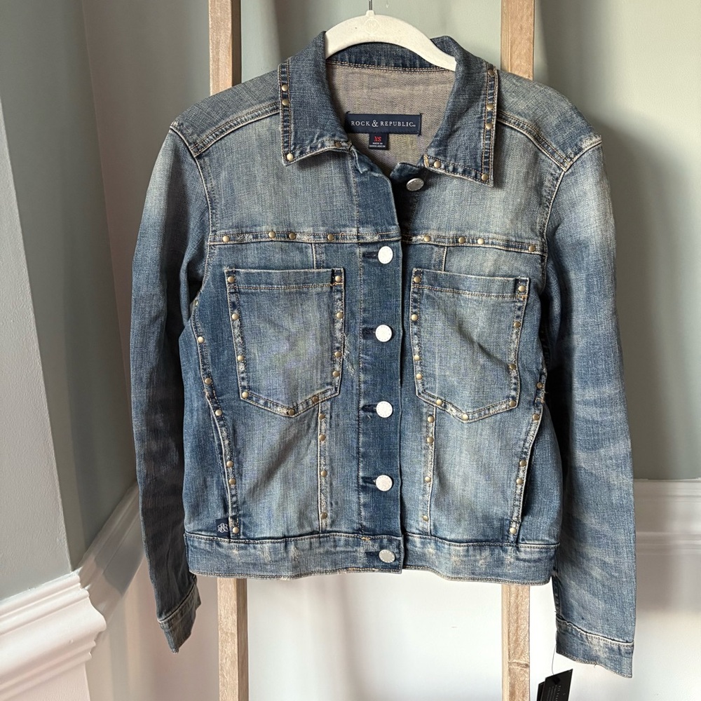 NWT Rock & Republic Blue Denim Boy, Bye Studded Run Away Jacket Sz XS - 412